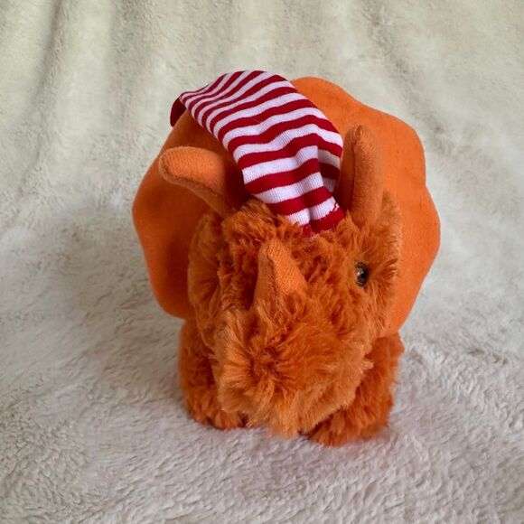 Manhattan Toy Co Orange Dinosaur Triceratops 9” Striped Knit Hat Plush - Picture 2 of 5
